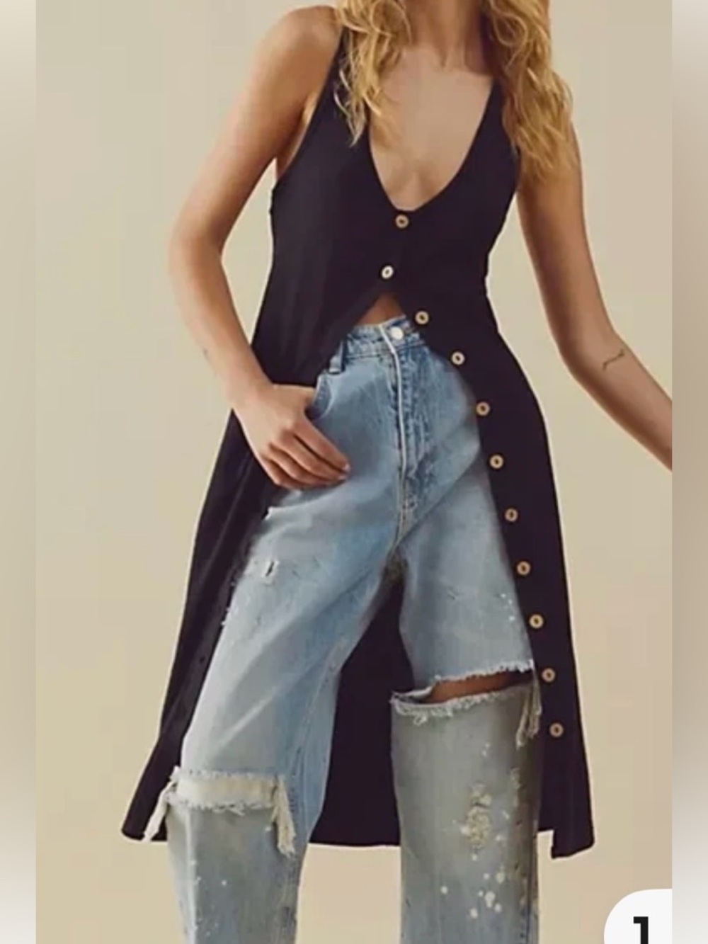 Free People Gia Long Vest Cardigan Button Front Stretch Rib Sleeveless Black M